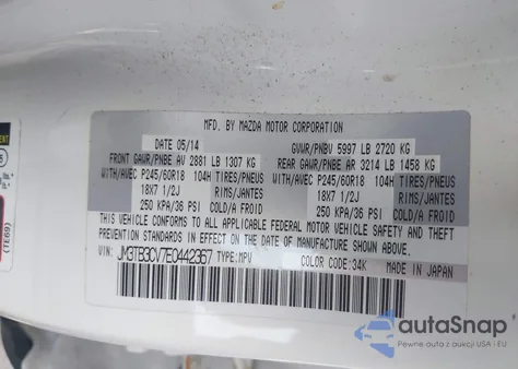 2014 Mazda Cx-9 Touring from USA, damaged, VIN JM3TB3CV7E0442367